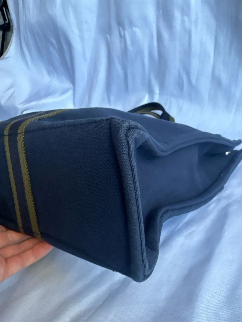 Hermes Navy Canvas Tote with Olive Straps